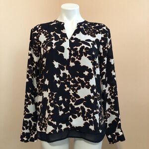 The Limited Navy Blue Orange Long Sleeve Floral V Neck Blouse Lined Small